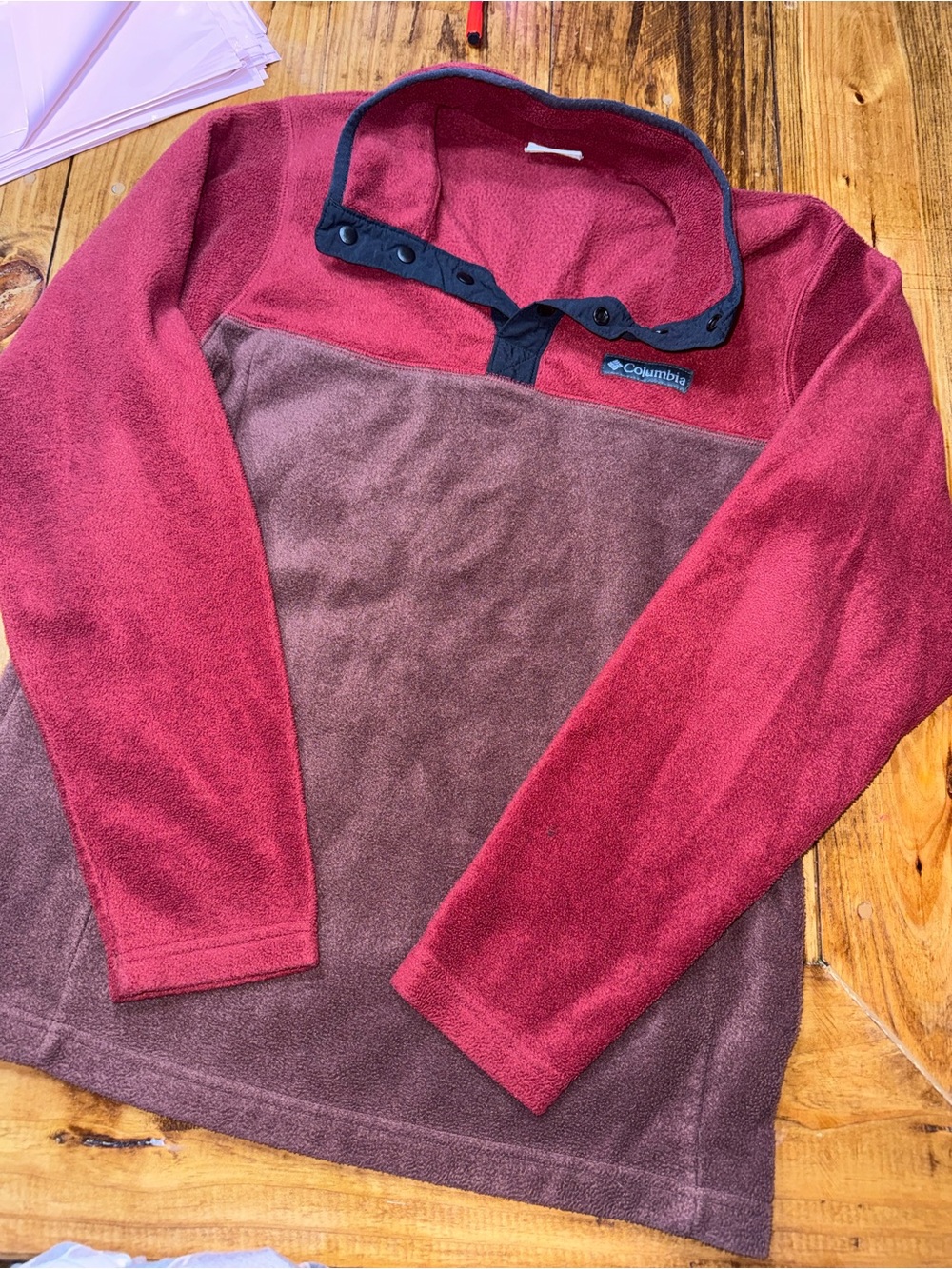 Columbia Men's Two-Tone Red and Brown Snap-Front Fleece Pullover